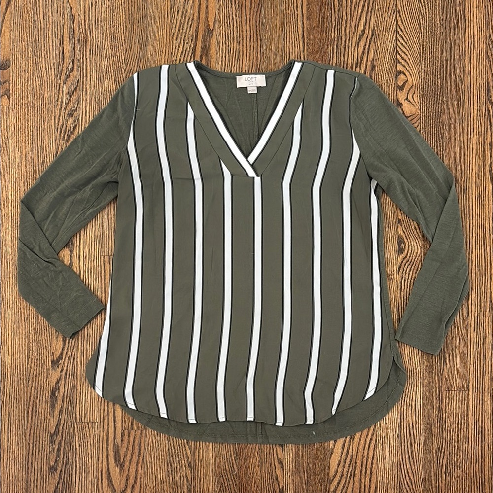 LOFT Green Long Sleeve Blouse with Stripes | Petite XS